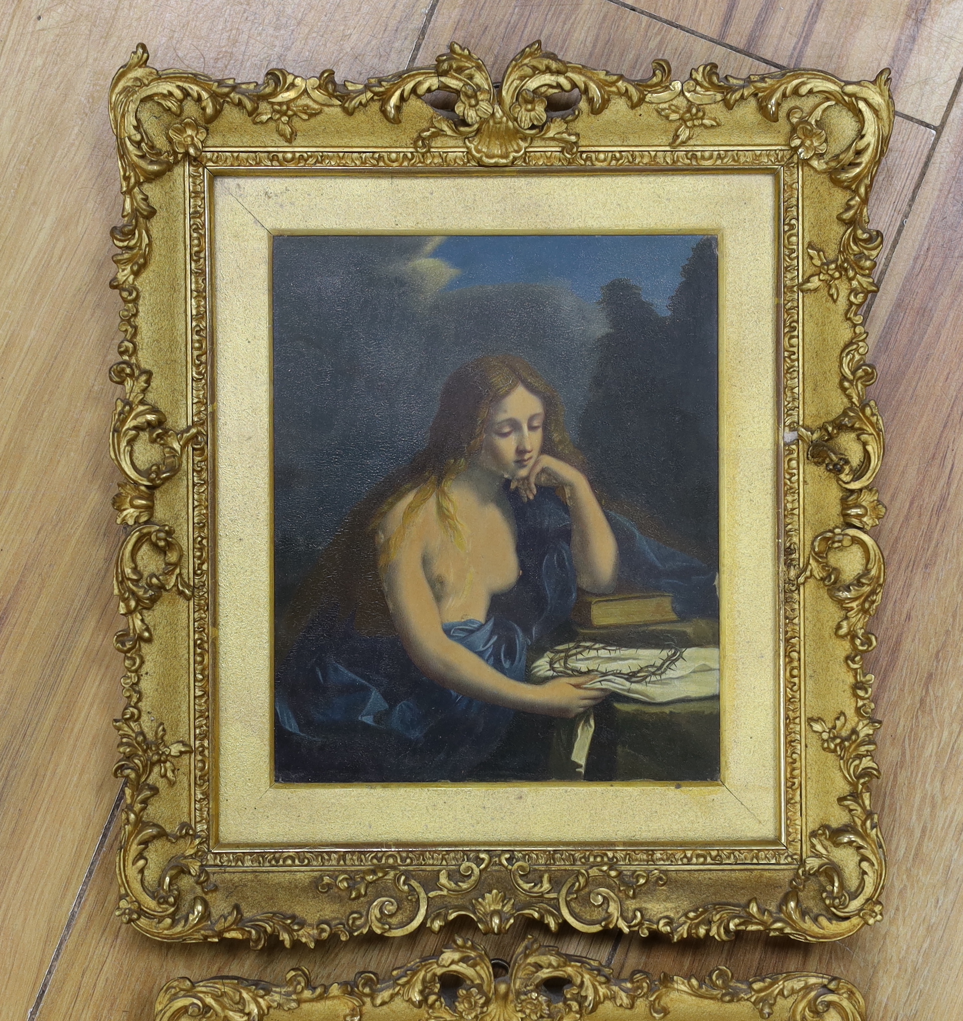 Set of three 19th century oils, Mary Magdalene with crown of thorns, The Penitent Magdalene and Cleopatra, largest 16.5 x 13cm